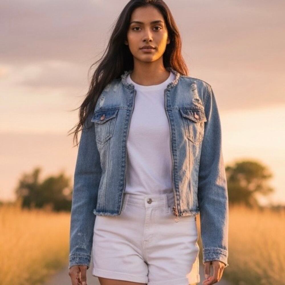 One 5 One Jean Jacket Distressed Denim Size Women's Large